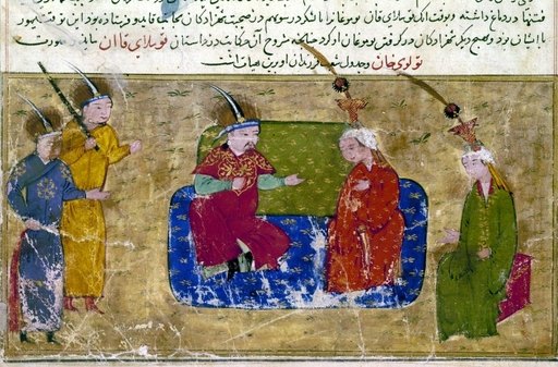 Mongol Khan and Wives Ntolui Khan Reigned 1227-1229 with Two of His Wives and Two Sons Illumination from a Persian Manus
