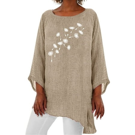 WILLBEST Womens T Shirts Womens 3 of 4 Sleeve Crew Neck Irregular Hem Top T Shirt Casual Linen Blend Shirts Tee Blouse 4875