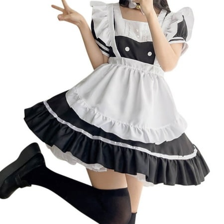 GDREDA Sun Dresses for Women Casual Women S Fashion Maid Outfit Cute Maid Outfit Dress Set Black XXL