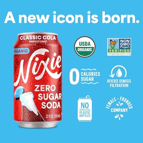Nixie Organic Zero Sugar Soda, Classic Cola, Organic, Non-GMO, 0 Sugar, 0 Calories, 40mg Caffeine, 12oz (12 Pack) thumbnail