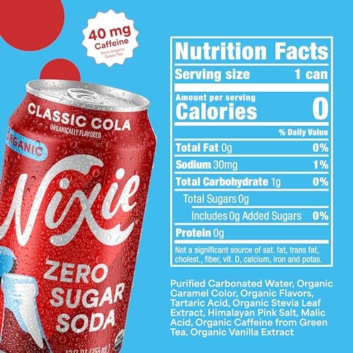 Nixie Organic Zero Sugar Soda, Classic Cola, Organic, Non-GMO, 0 Sugar, 0 Calories, 40mg Caffeine, 12oz (12 Pack) thumbnail