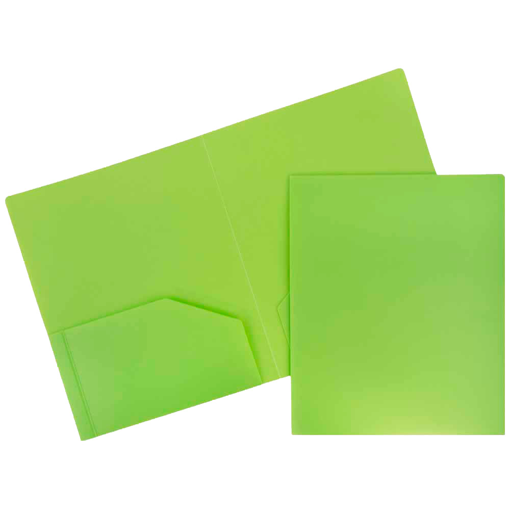 JAM Paper Heavy Duty Plastic Two Pocket Presentation Folders  Lime Green  108/pack