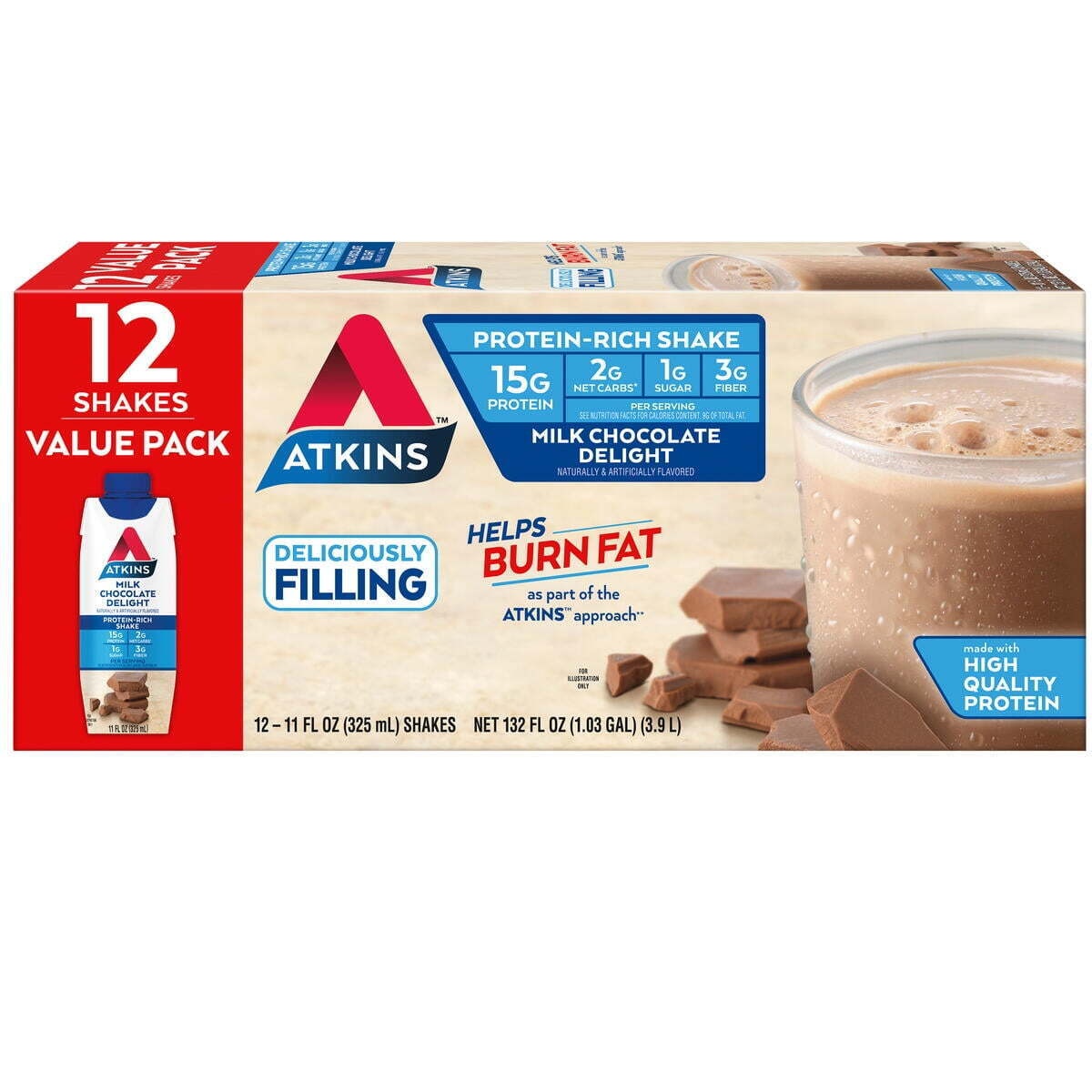 Atkins Milk Chocolate Delight Protein Shake, 11 Fl Oz, 12 Count
