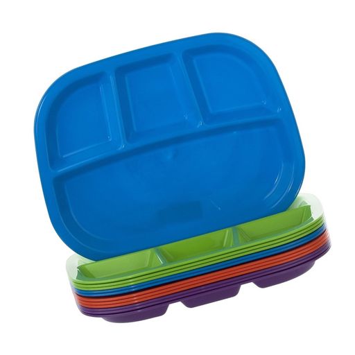 4-Compartment Divided Plastic Dinner Tray Set of 12 in 4 Assorted Colors