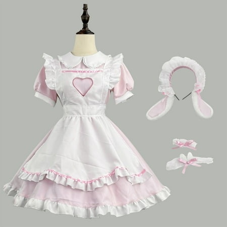 HOMBOM Crew Neck Sun Dresses Women Summer Casual Fit & Flare Dresses Short Sleeve Mid-Length Pink Maid Cosplay Bow Dress Casual Dresses 4XL