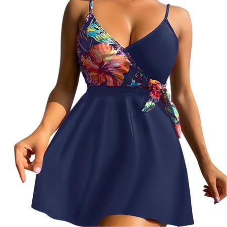 GWAABD Women S Bathing Suits Two Piece Bikini Sets Adjustable Spaghetti Straps Swimwear Floral Print Split Swimsuit Conservative Bathing Suit Dark Blu