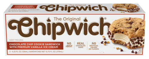 The Original Chipwich Chocolate Chip Cookie Sandwich with Premium Vanilla Ice Cream, 3 - 4.25oz Sandwiches (Frozen)
