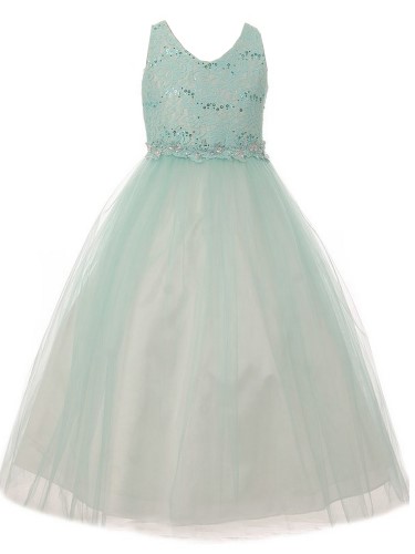 Big Girls Mint Lace Tulle Glitter Stone V-Neck Junior Bridesmaid Dress 8-14