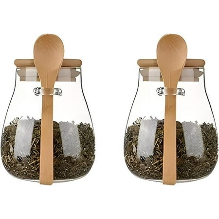 CHUNTIAN 16 Oz Airtight Glass Jar Storage Container with Bamboo Lid Set of 2  Wide Mouth  with a Spoon  Reusable  Can Be Used for Coffee Beans  Tea Le