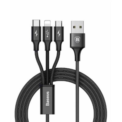BASEUS Przewd Zasilajcy MicroUSB Rapid 3w1, Lightning, Type-C 3A/1,2 M, CAMLL-SU01, Czarny