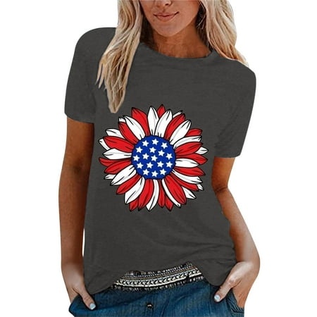 SZXZYGS Tshirts Shirts for Women Women Casual Independence Day Flag Print T Shirt Short Sleeve Shirt Loose Blouse Tops 2289