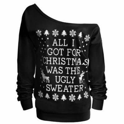 ANGVNS Women Fashion Casual Oblique Neck Long Sleeve Letter Print Top Blouse Sweatshirt ECLNK
