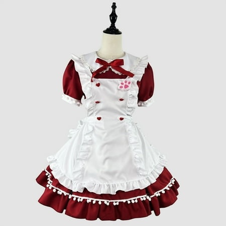 HOMBOM Crew Neck Womens Cotton Sun Dresses Fit & Flare Dresses Short Sleeve Mid-Length Wine Maid Cosplay Bow Dress Casual Dresses 3XL