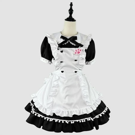 HOMBOM Fit & Flare Dresses Sun Dresses Women Summer Casual Crew Neck Short Sleeve Mid-Length Black Maid Cosplay Bow Dress Casual Dresses L