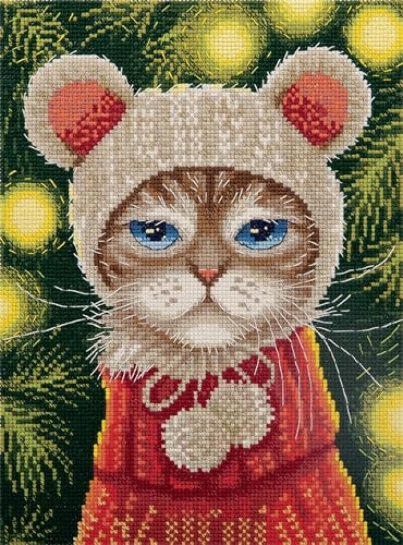 PANNA - Counted Cross Stitch Kit - Festive Mood Cat - PR-7263 - Pre-Sorted Thread - Cross Stitch Patterns - Crafts for Adults - Aida - 6.25 X 8.25 Inc