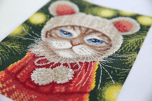 PANNA - Counted Cross Stitch Kit - Festive Mood Cat - PR-7263 - Pre-Sorted Thread - Cross Stitch Patterns - Crafts for Adults - Aida - 6.25 X 8.25 Inc thumbnail