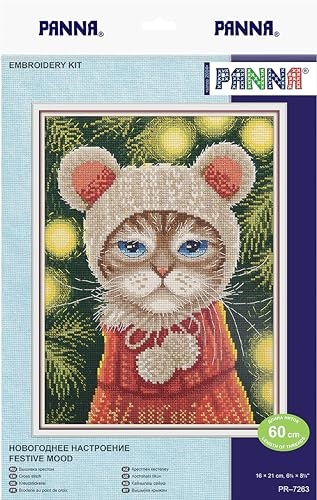 PANNA - Counted Cross Stitch Kit - Festive Mood Cat - PR-7263 - Pre-Sorted Thread - Cross Stitch Patterns - Crafts for Adults - Aida - 6.25 X 8.25 Inc thumbnail