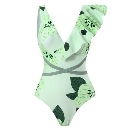 GWAABD Womens Swim Suit Two Piece Bikini Sets Tropical Leaf Print Bathing Suit Ruffle Trim Swimsuit Swimwear Green S