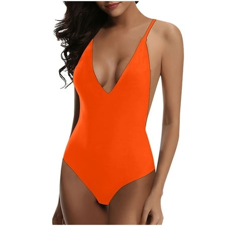 Tponi One Piece Swimsuit for Women 4888 Swimsuit Clearance Sleeveless Solid Bikini Orange XXL (US:XXL)