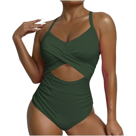 Tponi One Piece Swimsuit for Women 4723 Swimsuit Clearance Sleeveless Solid Bikini Green XL (US:10)