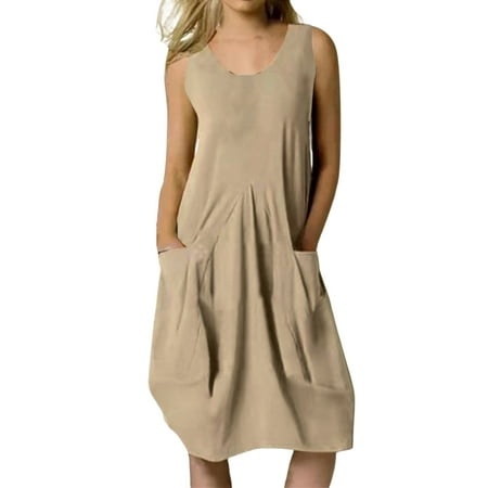 Rrunsv Cute Dresses for Women Womens Summer Casual Dresses Sleeveless Spaghetti Strap Smocked Beach Long Maxi Dress Khaki M