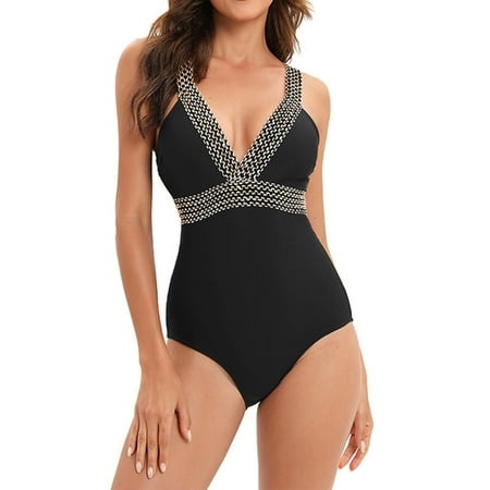 Tponi One Piece Swimsuit for Women 5796 Swimsuit Clearance Short Sleeve Solid Bikini Black L (US:L)