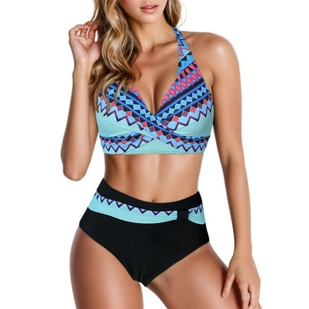 GWAABD Swim Suits for Women Two Piece Split Bikini Sets Halter Neck Swimsuit Pattern Print Swimwear High Waisted Bathing Suit Blue XL