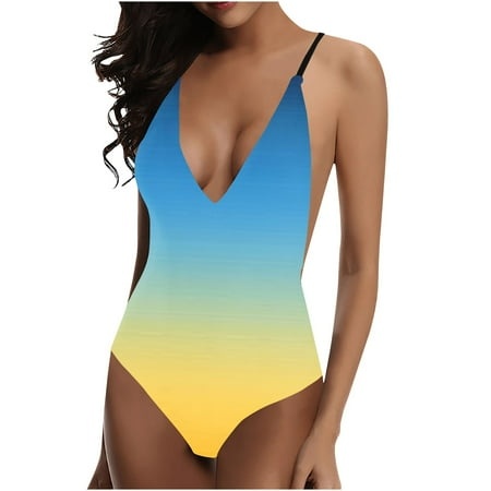 Tponi One Piece Trendy Swimsuits for Women 4962 Women Swimsuit Clearance Sleeveless Printed Bikini Yellow XXL (US:XXL)