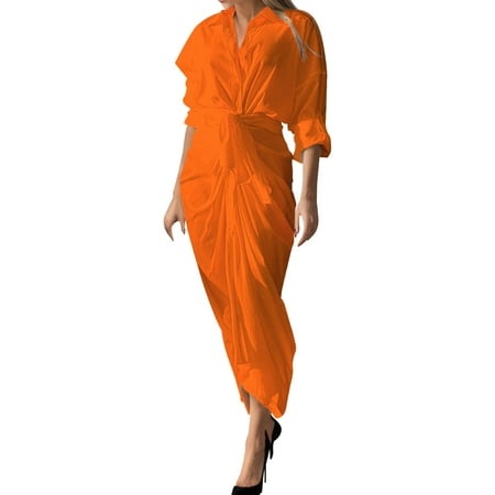 Rrunsv Holiday Dresses for Women Womens Ruffle Flowy Swing Short Dress V Neck Long Sleeve Tie Waist Dresses Orange M