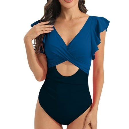 Tponi One Piece Trendy Swimsuits for Women 4804 Women Swimsuit Clearance Sleeveless Solid Bikini Dark Blue S (US:4)
