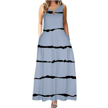 Rrunsv Dresses for Women Women S Summer Short Sleeve Crewneck Striped Dress Basic Solid Office Dresses Blue XL