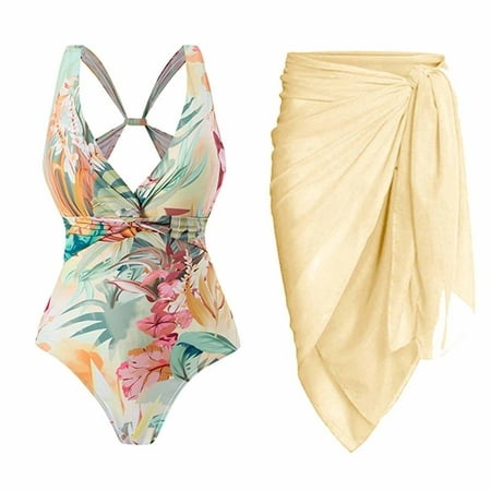 QUYUON Womens One-Piece Swimsuit with Cover up Sets 2 Piece Swimsuit Bikini Lace up Swimsuit Long Skirt Chiffon Set Style-2312 High Cut Bikini Set Yel