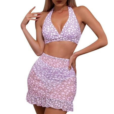 GWAABD Womens Bathing Suit Three Piece Split Bikini Sets Halter Neck Wide Straps Swimwear Suspender Backless Bathing Suit Ditsy Floral Printed Swimsui