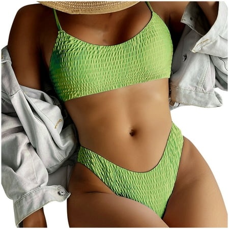 Tponi Two Piece Swimsuit for Women 5513 Swimsuit Clearance Sleeveless Solid Bikini Green L (US:L)