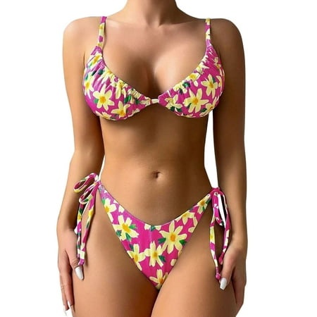 GWAABD Womens Swimsuits Summer Lace up Two Piece Swimsuit Floral Print Swimwear Tie Side Bathing Suit Pink S
