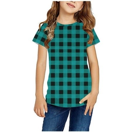 Herrnalise Boys and Girls Summer Casual Short Sleeve Buffalo Plaid Shirts Solid Color Round Neck Tops Light Blue-5-6 Years