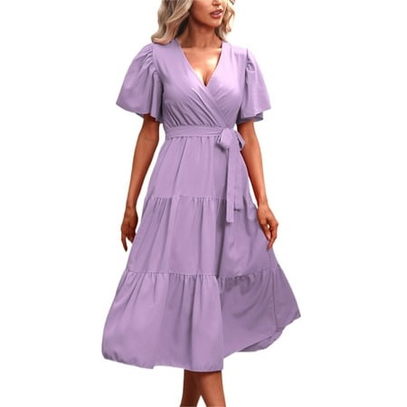 Rrunsv Womens Summer Dresses Women S Casual Dresses Short Sleeve V-Neck Dress Purple S