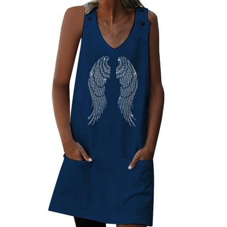 Rrunsv Work Dresses for Women Women S Casual a-Line Dress Summer Beach Floral Dress Short Sleeve Mini Dress Navy L