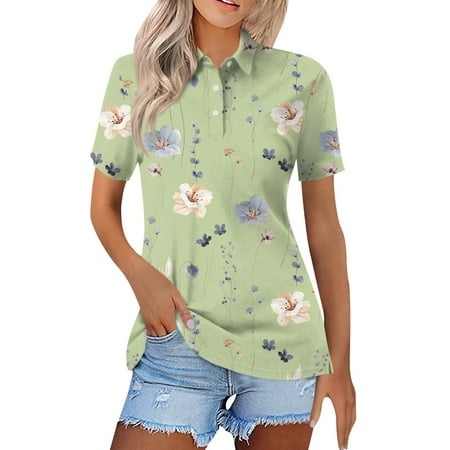 Qwertyu Women S Polo Shirts Floral Print Short Sleeve Lapel T-Shirt Quick Dry Golf Sports Performance Tops Mint Green L