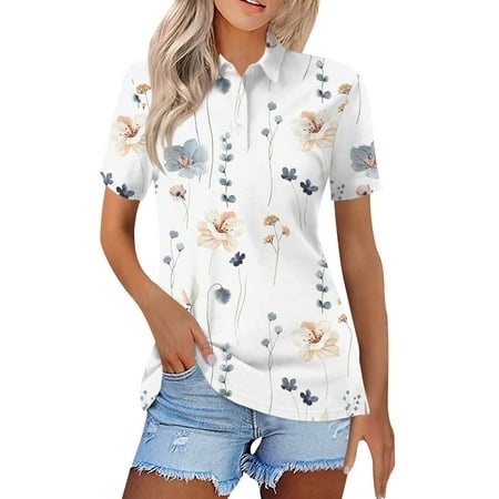 Qwertyu Women S Polo Shirts Floral Print Short Sleeve Lapel T-Shirt Quick Dry Golf Sports Performance Tops White 2XL