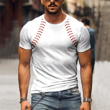Gephdiin Graphic Tees Mens T-Shirts Men S Summer Baseball Print Slim Stretch Short Sleeve T Shirt Graphic Tees Men Mens Shirts Polyester White 1 L