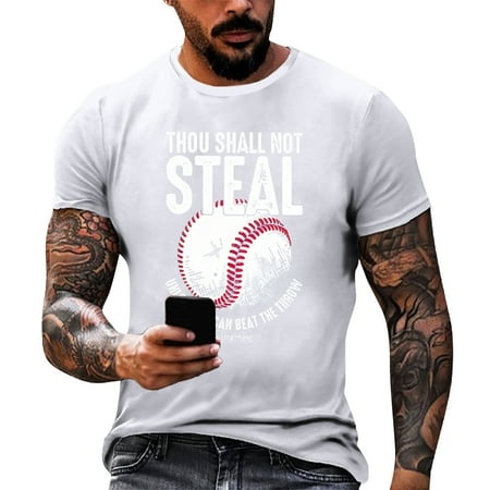 Qcmgmg Summer Baseball Shirt for Men Short Sleeve Crew Neck T Shirts Beach Graphic Tees Plus Size Holiday Top White L