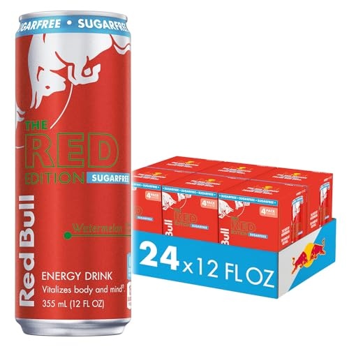 Red Bull Red Edition Sugar Free Energy Drink, Watermelon, with 114mg Caffeine Plus Taurine & B Vitamins, 12 Fl Oz, 6 Packs of 4 Cans (Pack of 24)