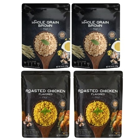 (2) Microwavable Roasted Chicken Flavored Rice and (2) Whole Grain Brown Rice Bundle 8.8 Oz for Home Kitchen Dinner Side Dish Breakfast Lunch Food Mea