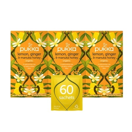 Pukka Organic Tea Bags  Lemon  Ginger & Manuka Honey Herbal Tea  Perfect for Everyday Wellness  20 Count (Pack of 3) 60 Tea Bags