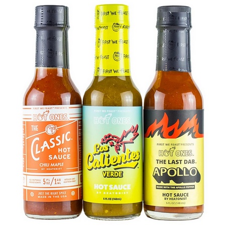 Hot Ones Season 20 Trio Hot Sauce Pack  the Classic Chili Maple  Los Calientes Verde & the Last Dab: Apollo  5 Fl Oz Bottles (3-Pack)