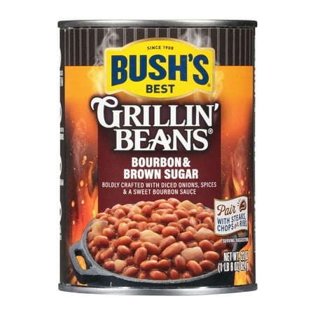 Bush S Canned Bourbon and Brown Sugar Grillin  Beans  Plant-Based Protein  Good Source of Fiber  Vegetarian  Fat Free  Gluten Free  22 Oz