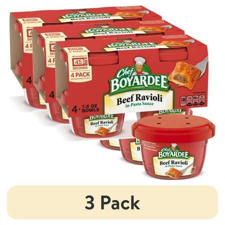(3 Pack) Chef Boyardee Beef Ravioli in Pasta Sauce  Microwavable Meal  7.5 Oz. Bowl  4-Count