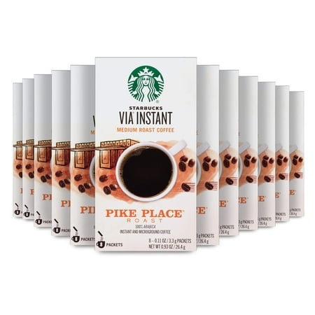 Starbucks Via Instant Coffee Medium Roast Packets — Pike Place Roast — 100% Arabica - 8 Count (Pack of 12) - Packaging May Vary