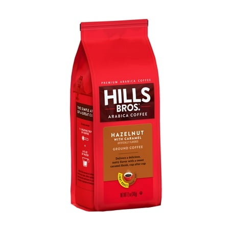 Hills Bros Hazelnut with Caramel Ground Coffee  Light Roast  12 Oz Bag - 100% Arabica Coffee Beans  Light  Full-Bodied  Smooth Coffee